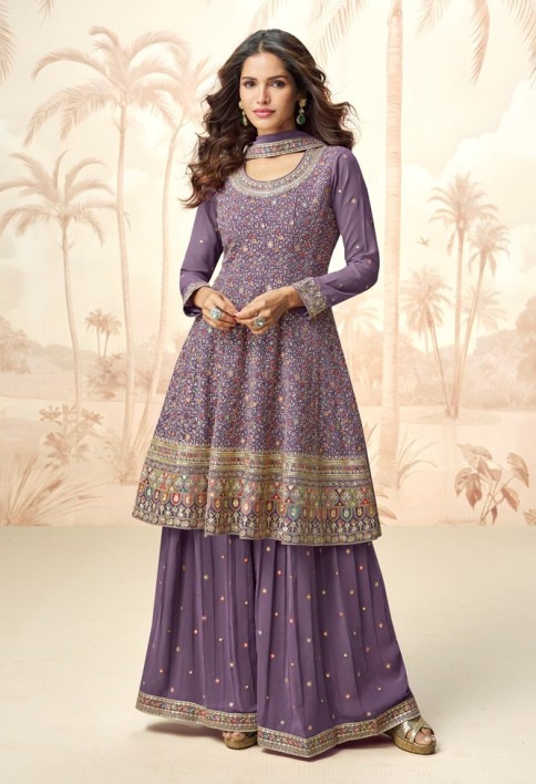 Embroidered Georgette Pakistani Suit in Purple