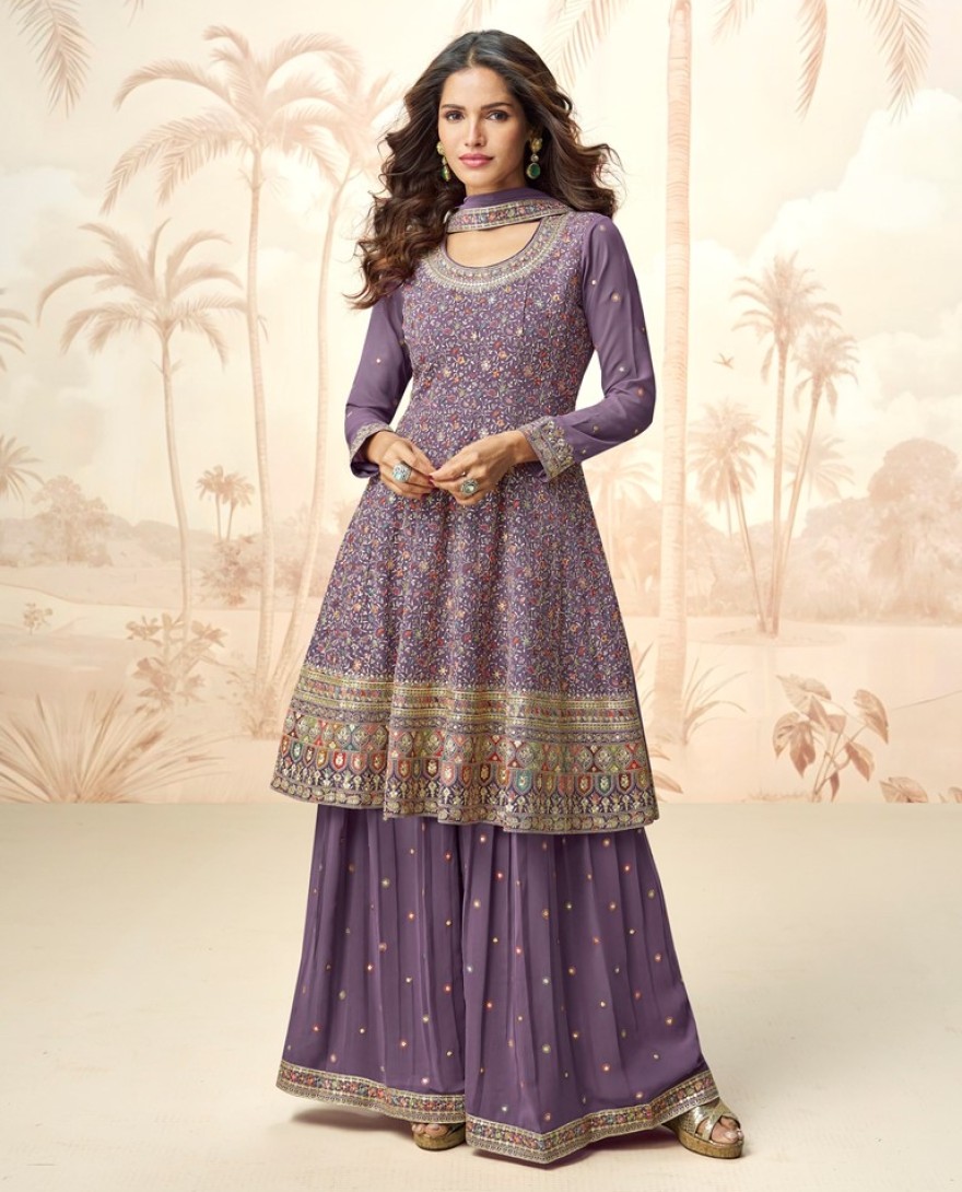 10243-purple - Embroidered Georgette Pakistani Suit in Purple