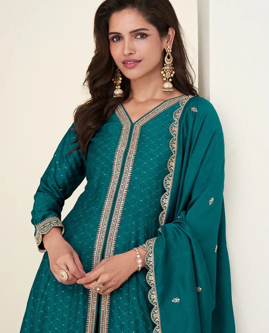 BLUE - Designer Teal Silk Anarkali Suit with Dupatta For Indian Wedding