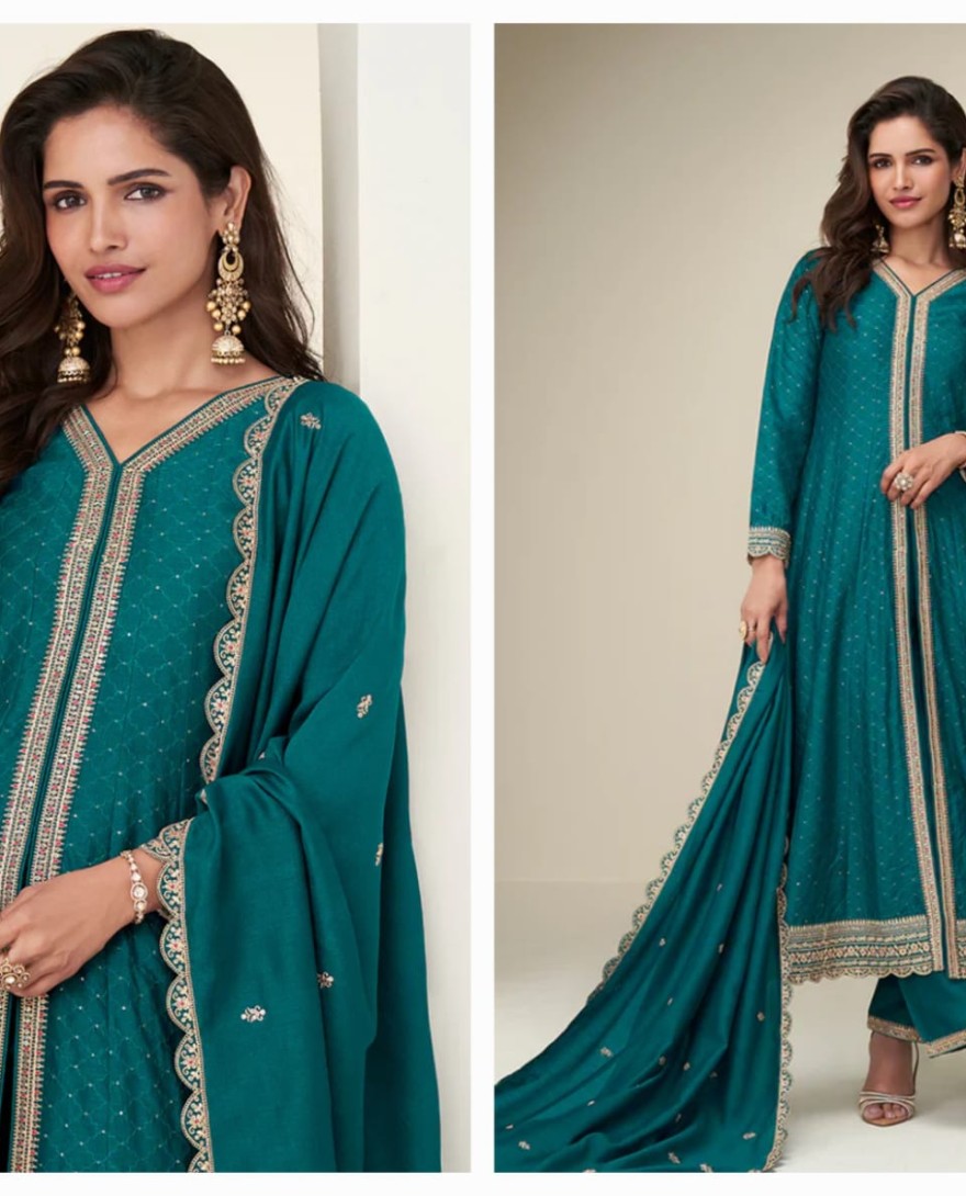 BLUE - Designer Teal Silk Anarkali Suit with Dupatta For Indian Wedding