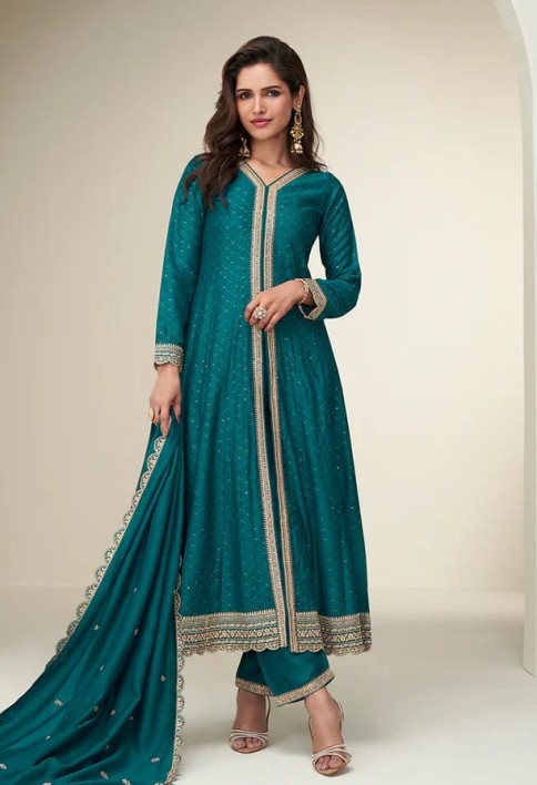 Designer Teal Silk Anarkali Suit with Dupatta For Indian Wedding