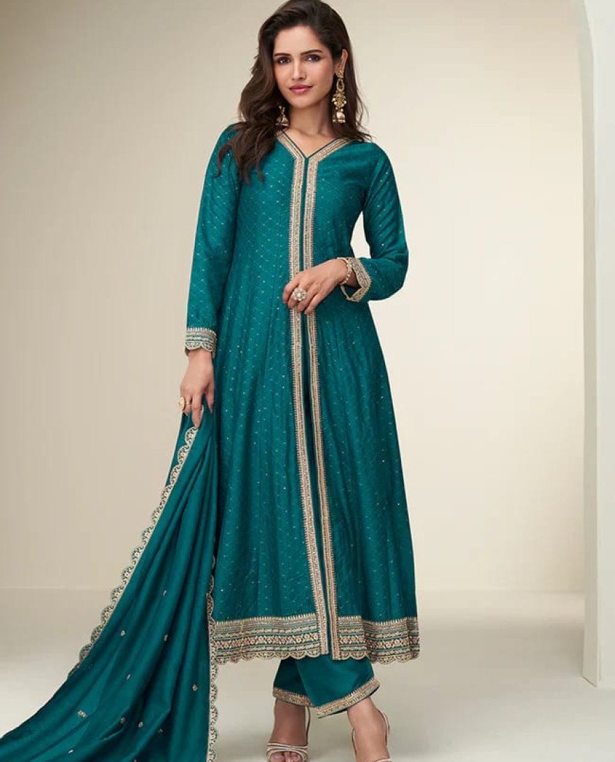 BLUE - Designer Teal Silk Anarkali Suit with Dupatta For Indian Wedding