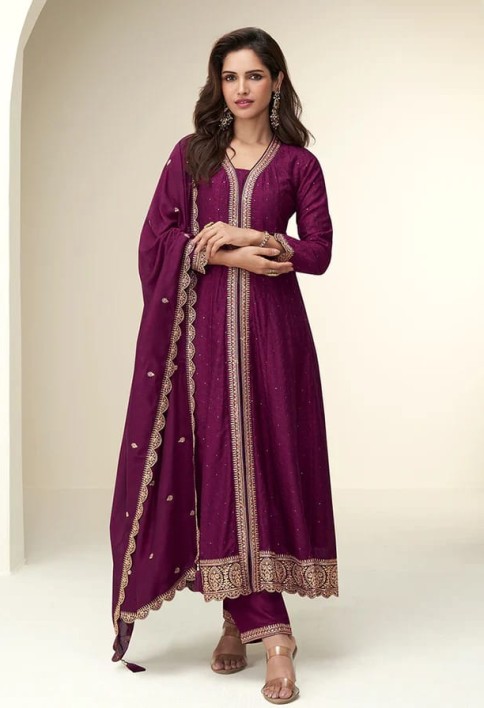 Wine Silk Anarkali Suit with Dupatta For Diwali Celebration