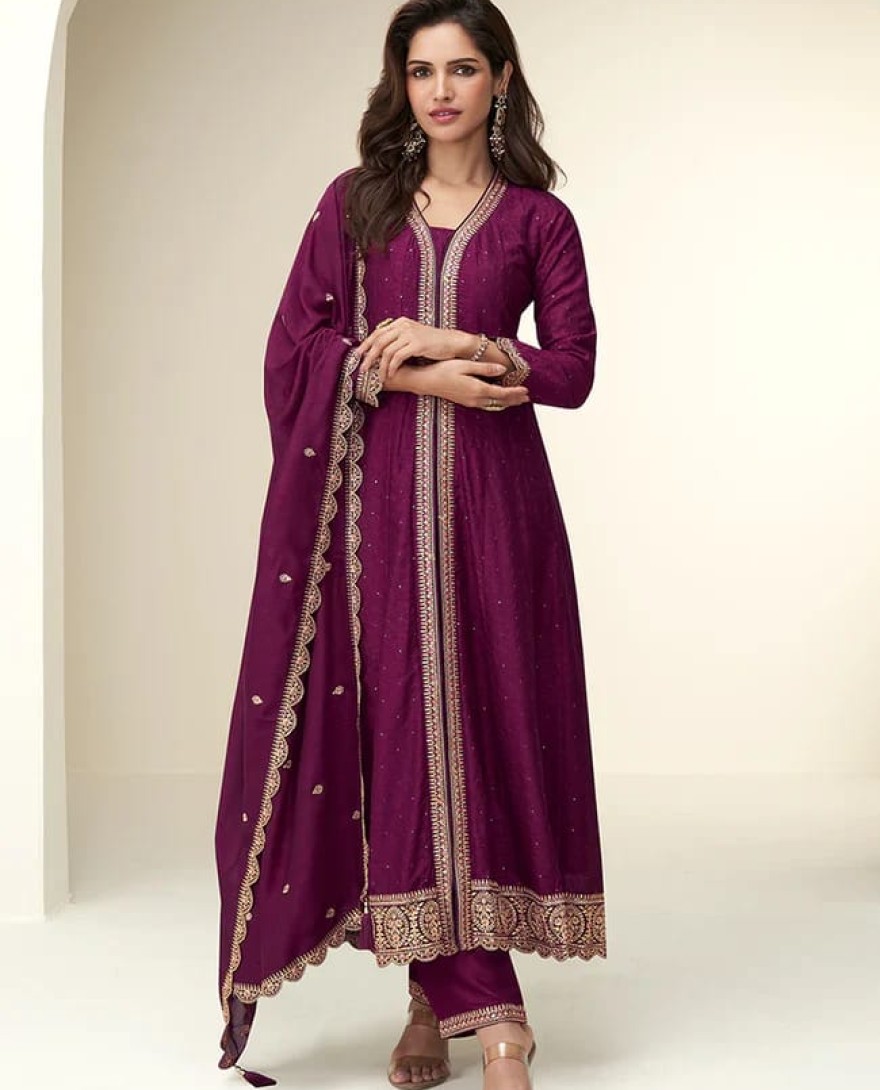WINE - Wine Silk Anarkali Suit with Dupatta For Diwali Celebration