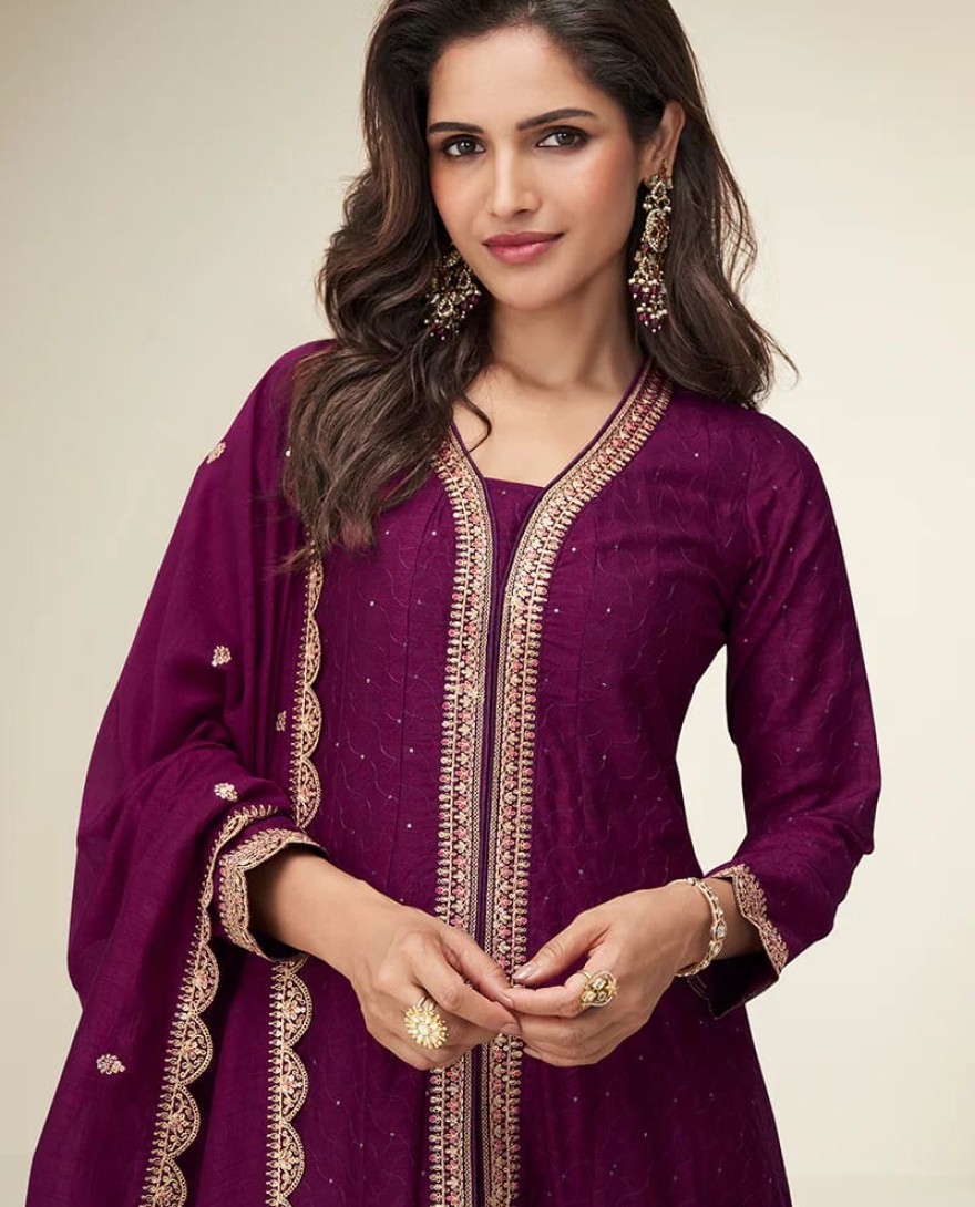 WINE - Wine Silk Anarkali Suit with Dupatta For Diwali Celebration
