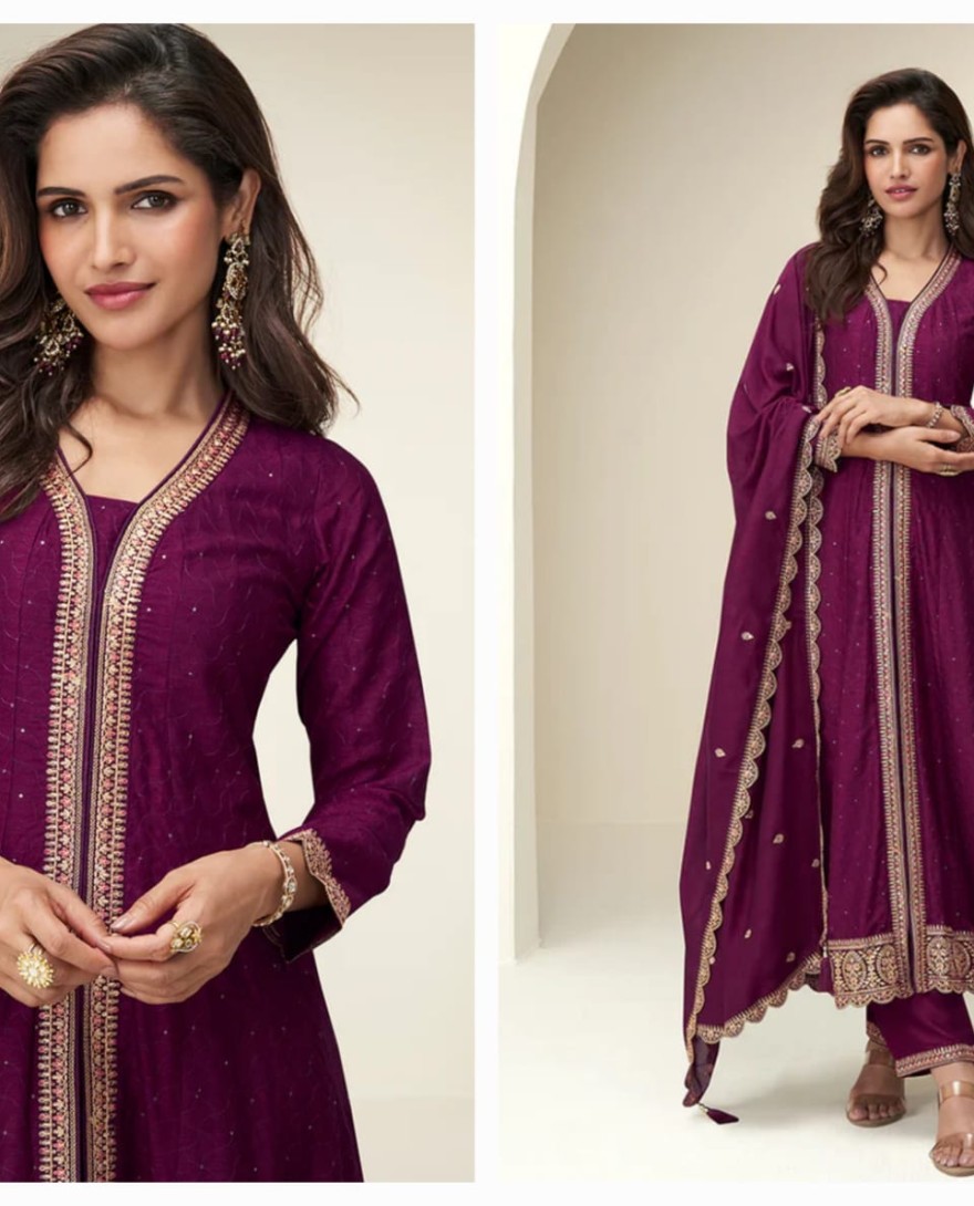 WINE - Wine Silk Anarkali Suit with Dupatta For Diwali Celebration