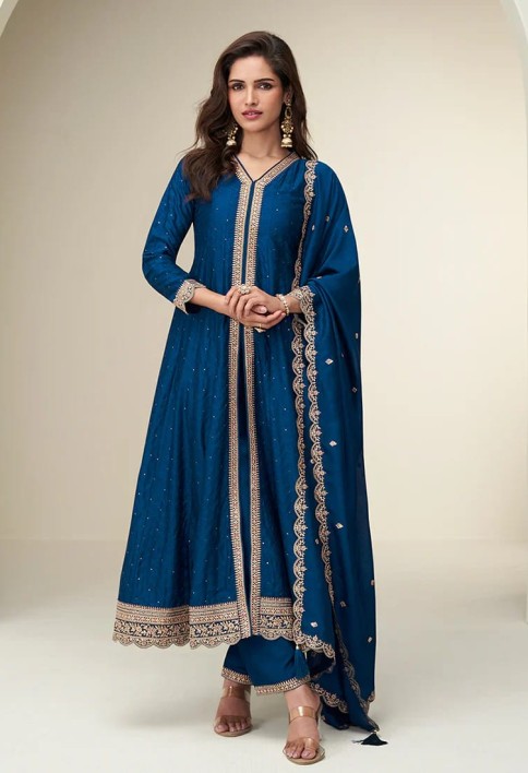 Navy Blue Silk Anarkali Suit with Dupatta For Indian Festival