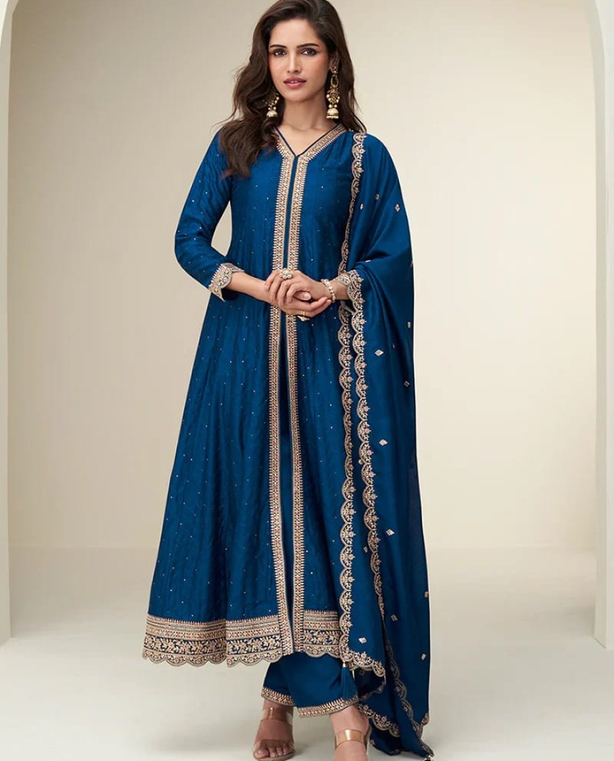 NAVYBLUE - Navy Blue Silk Anarkali Suit with Dupatta For Indian Festival