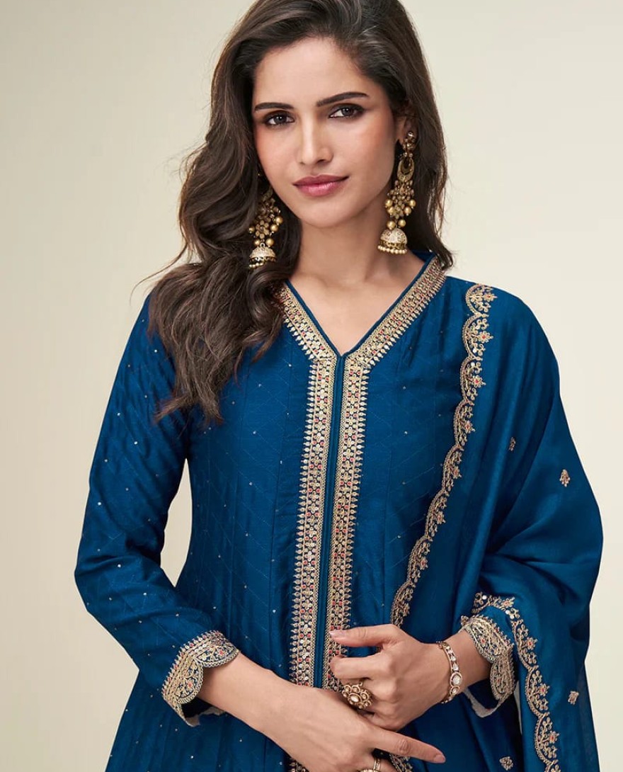 NAVYBLUE - Navy Blue Silk Anarkali Suit with Dupatta For Indian Festival