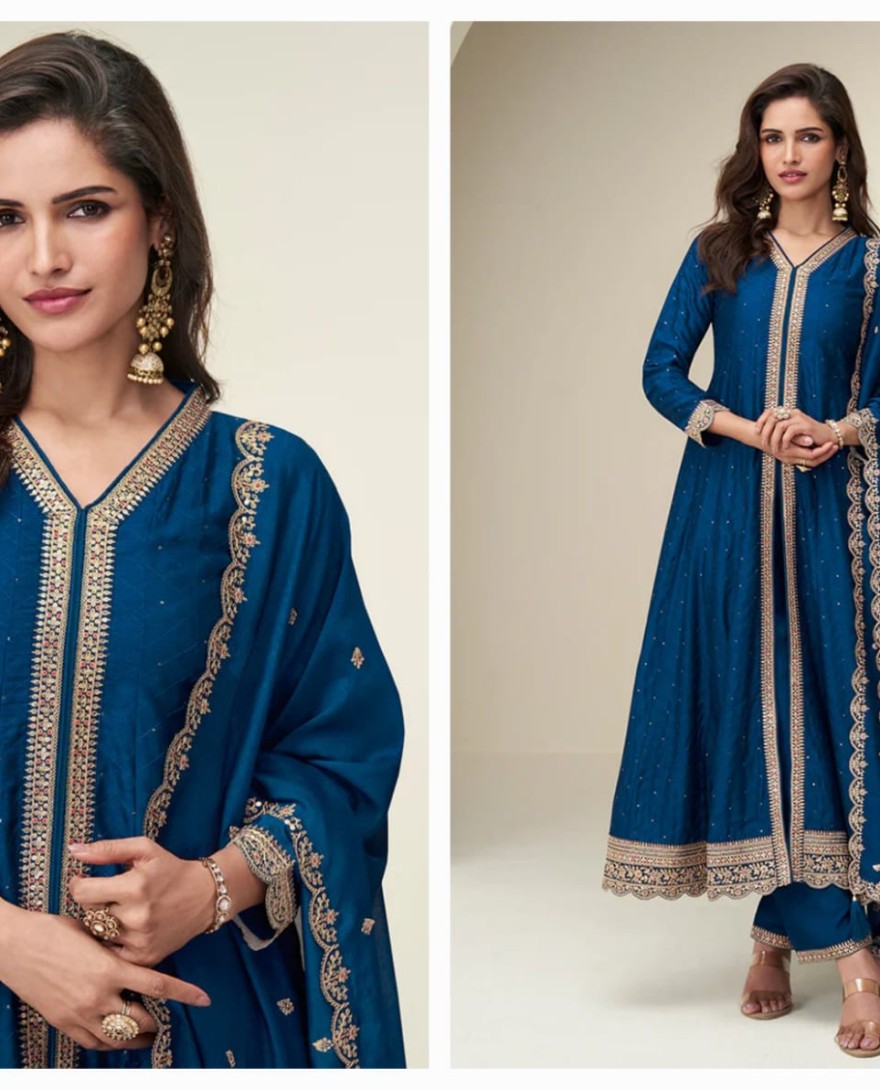 NAVYBLUE - Navy Blue Silk Anarkali Suit with Dupatta For Indian Festival