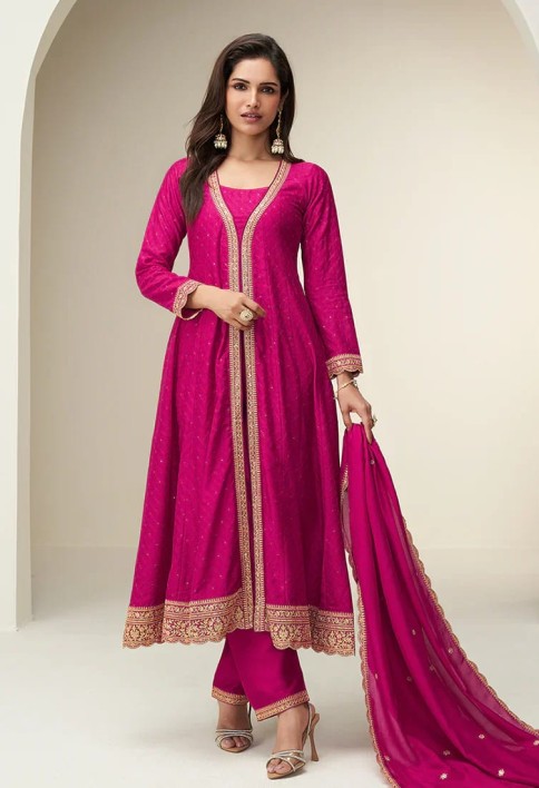 Designer Rani Pink Silk Anarkali Suit with Dupatta For Pakistani Festival