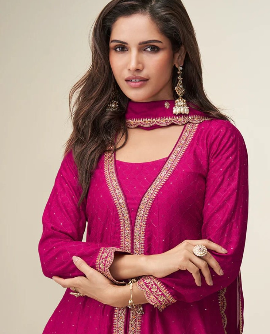 PINK - Designer Rani Pink Silk Anarkali Suit with Dupatta For Pakistani Festival