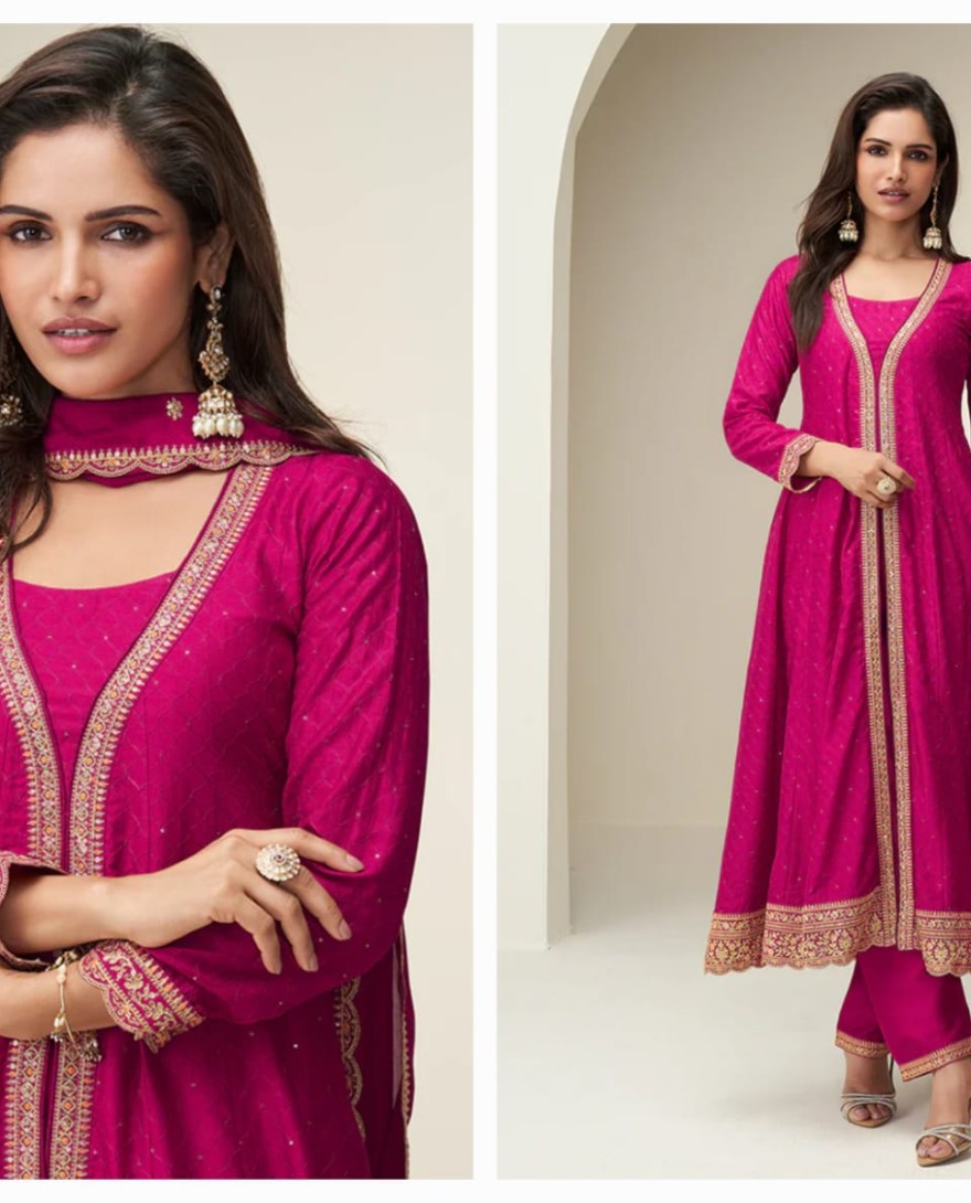 PINK - Designer Rani Pink Silk Anarkali Suit with Dupatta For Pakistani Festival