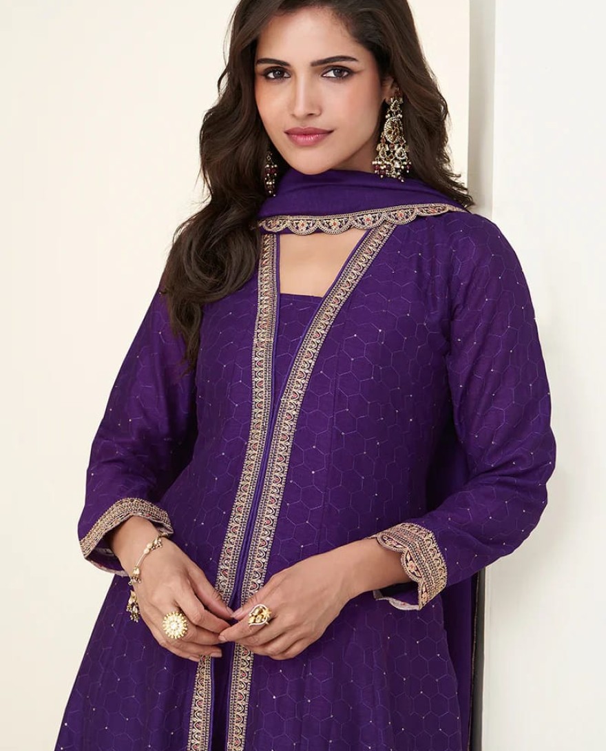PURPLE - Purple Silk Anarkali Suit with Dupatta for Punjabi Wedding