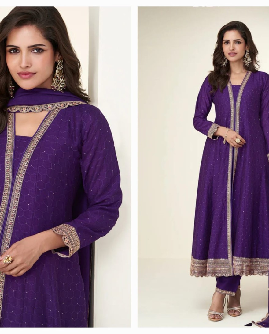 PURPLE - Purple Silk Anarkali Suit with Dupatta for Punjabi Wedding