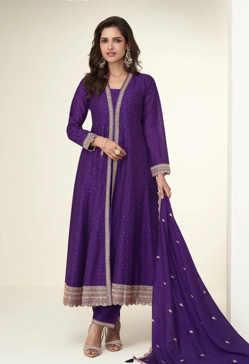 Purple Silk Anarkali Suit with Dupatta for Punjabi Wedding