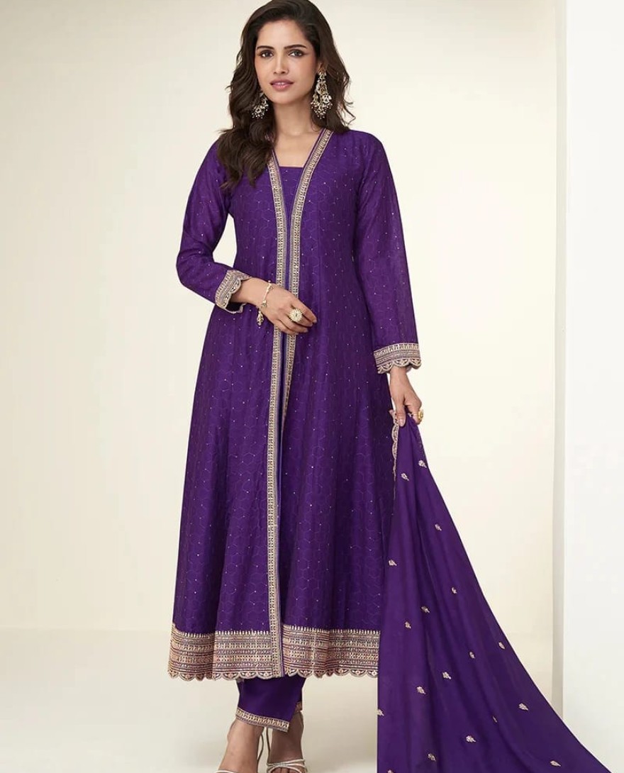 PURPLE - Purple Silk Anarkali Suit with Dupatta for Punjabi Wedding