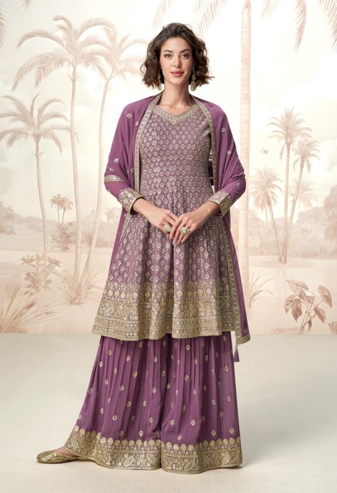 Embroidered and Zari Work Georgette Palazzo Salwar Suit In Purple Color
