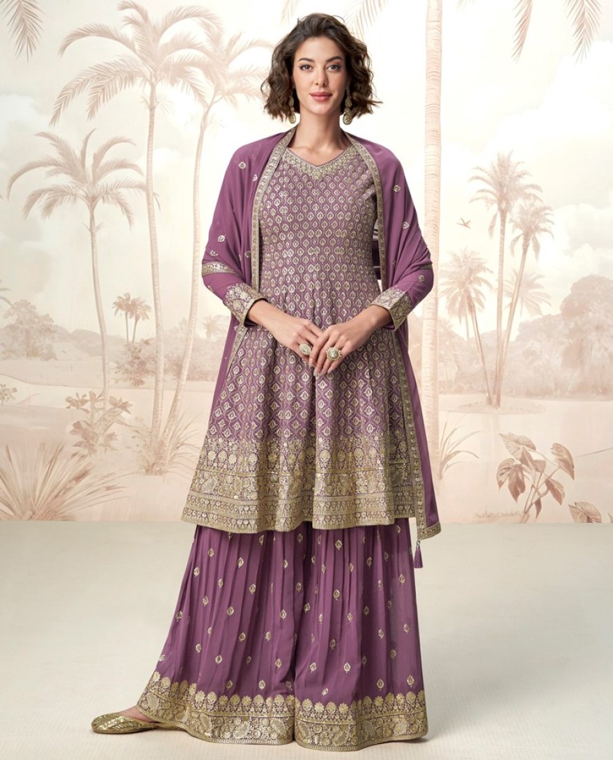 10221-purple - Embroidered and Zari Work Georgette Palazzo Salwar Suit In Purple Color