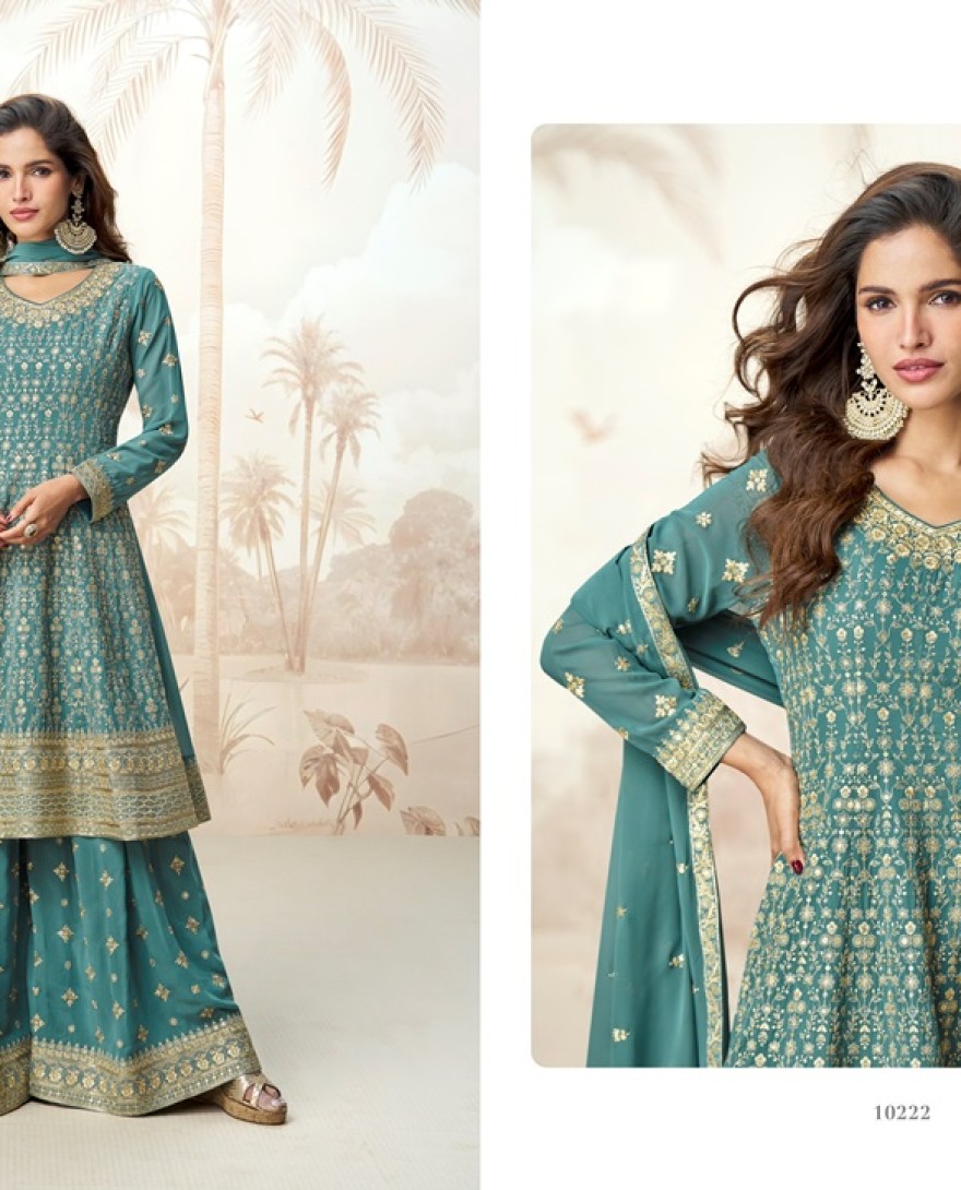 10222-blue - Teal Blue Georgette Sharara Suit Set with Heavy Embroidery