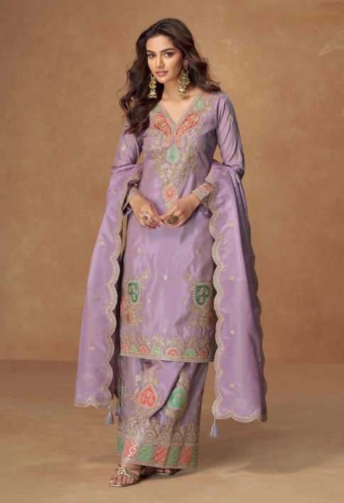 Blush purple Simar Silk Palazzo Suit with Zari Embroidery For Pakistani Wedding and Indian Festival