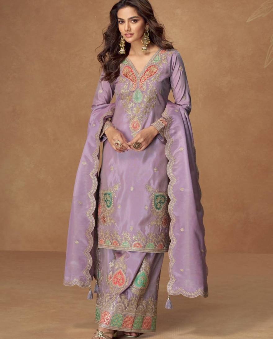 10303 - Blush purple Simar Silk Palazzo Suit with Zari Embroidery For Pakistani Wedding and Indian Festival
