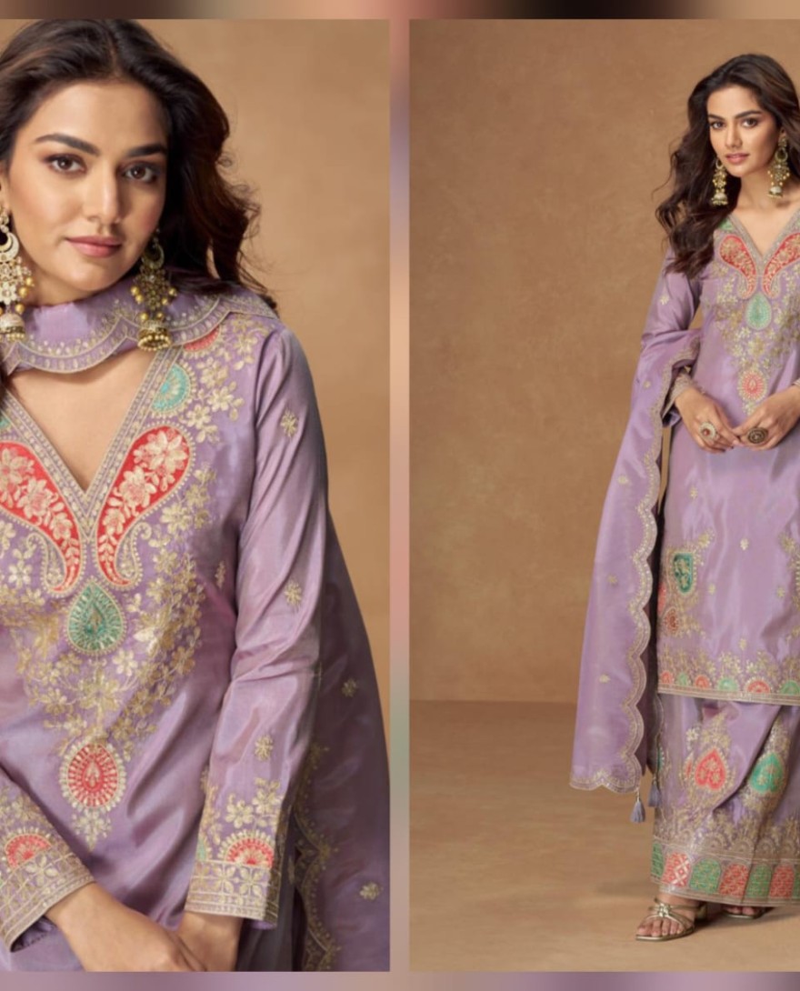 10303 - Blush purple Simar Silk Palazzo Suit with Zari Embroidery For Pakistani Wedding and Indian Festival