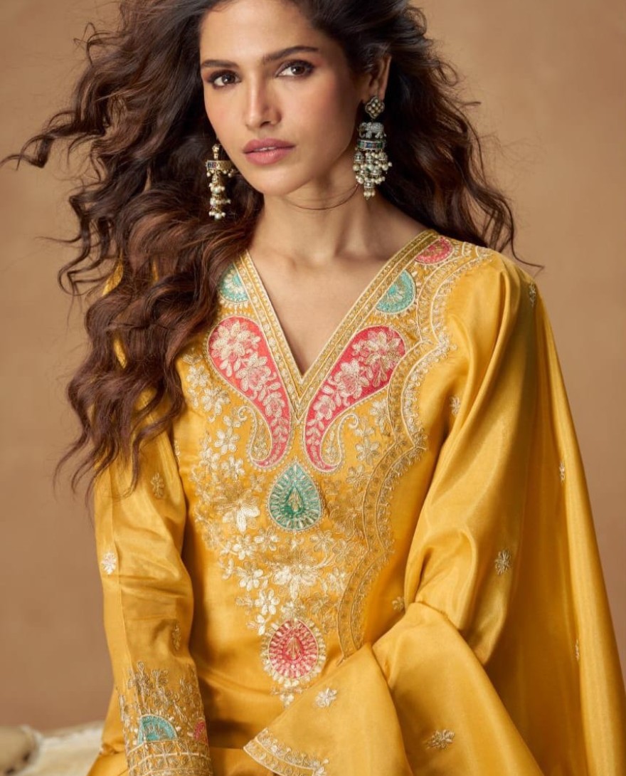 10304 - Yellow  Simar Silk Palazzo Suit with Zari Embroidery For Pakistani Wedding and Indian Festival