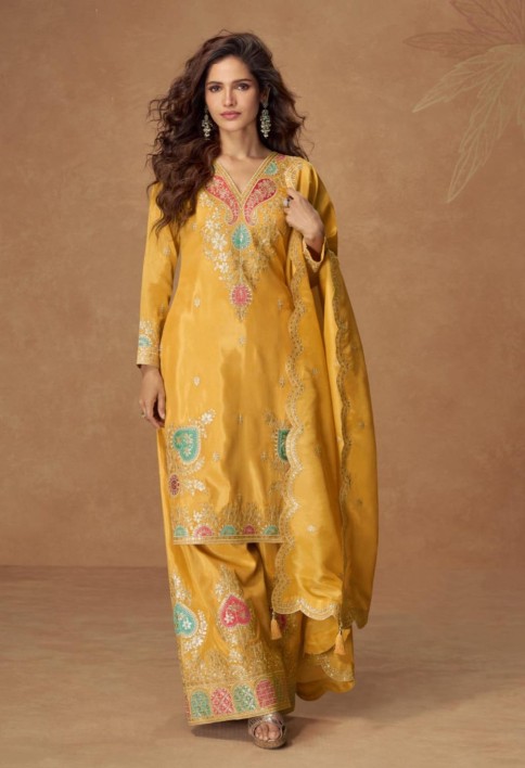 Yellow  Simar Silk Palazzo Suit with Zari Embroidery For Pakistani Wedding and Indian Festival