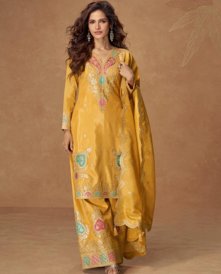 10304 - Yellow  Simar Silk Palazzo Suit with Zari Embroidery For Pakistani Wedding and Indian Festival