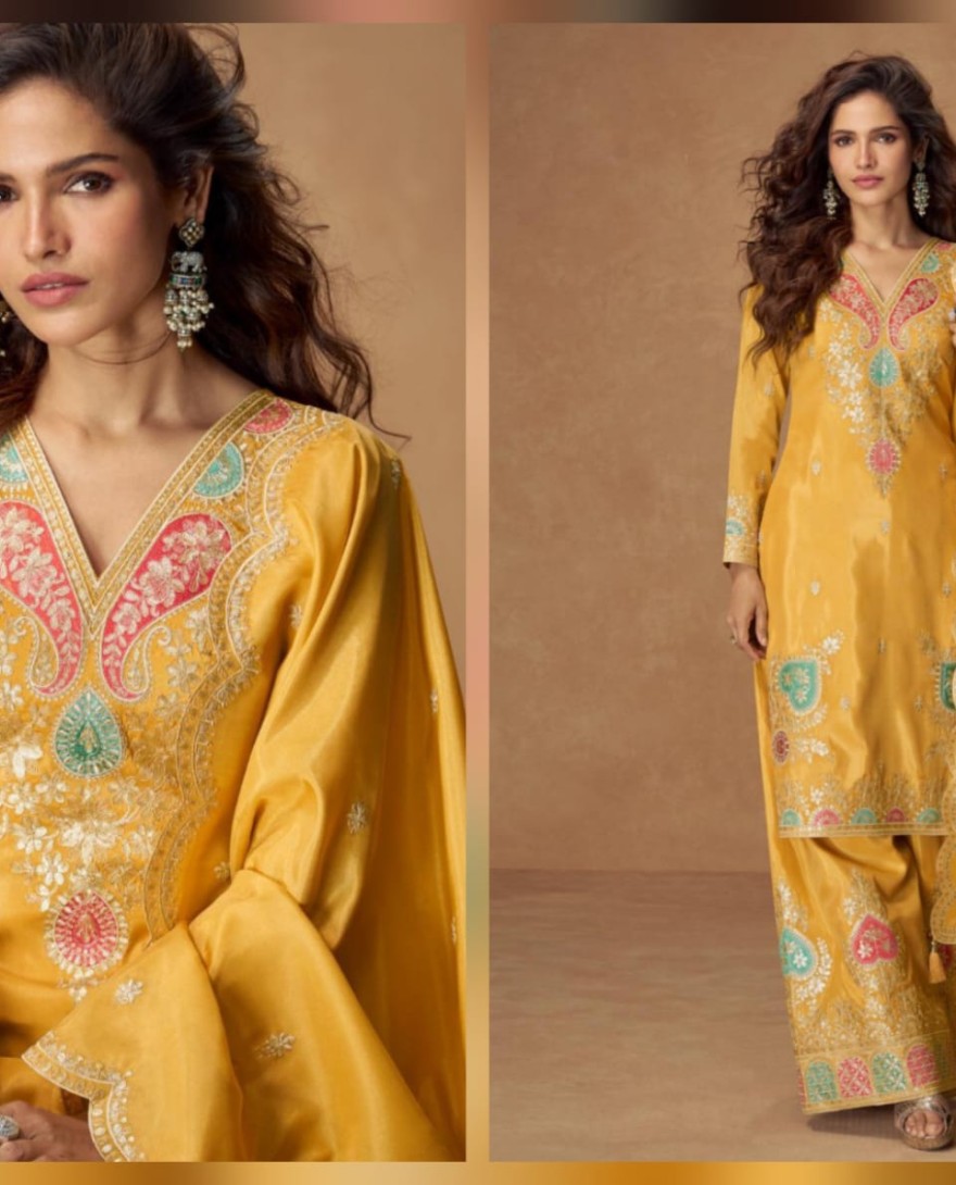 10304 - Yellow  Simar Silk Palazzo Suit with Zari Embroidery For Pakistani Wedding and Indian Festival
