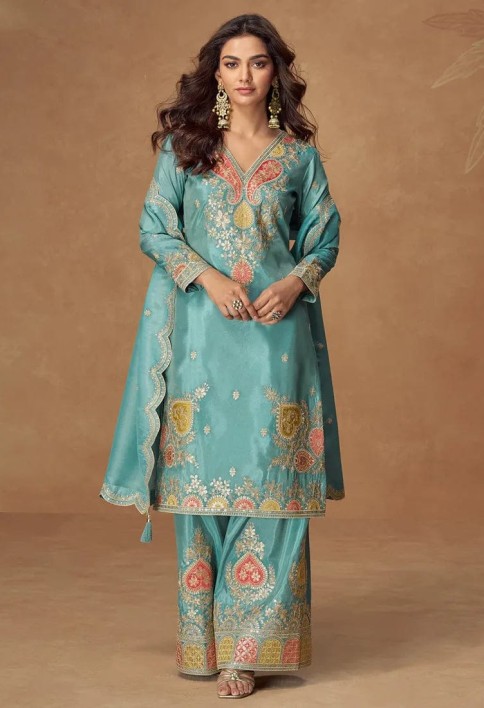 Blue Simar Silk Palazzo Suit with Dupatta for Pakistani Wedding and Indian Festival
