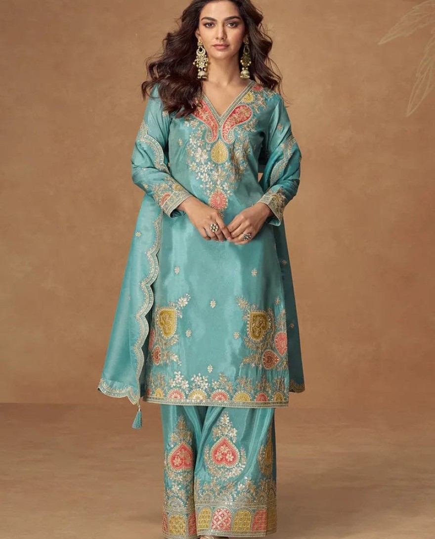 10305 - Blue Simar Silk Palazzo Suit with Dupatta for Pakistani Wedding and Indian Festival