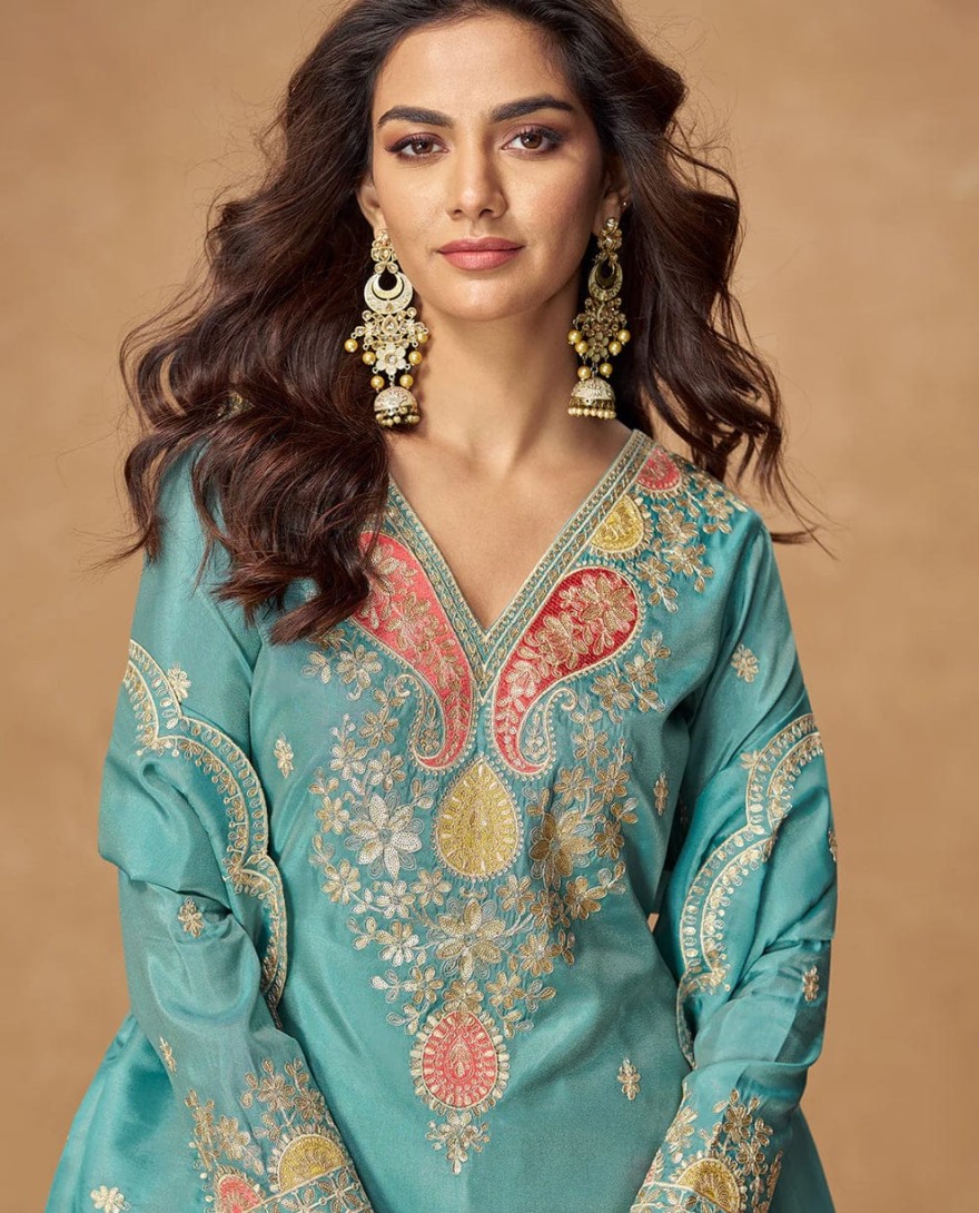 10305 - Blue Simar Silk Palazzo Suit with Dupatta for Pakistani Wedding and Indian Festival