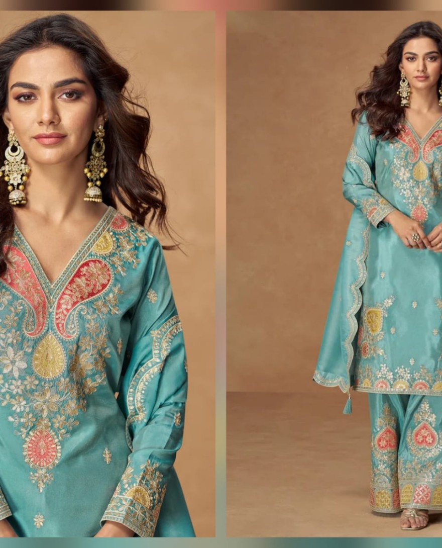 10305 - Blue Simar Silk Palazzo Suit with Dupatta for Pakistani Wedding and Indian Festival