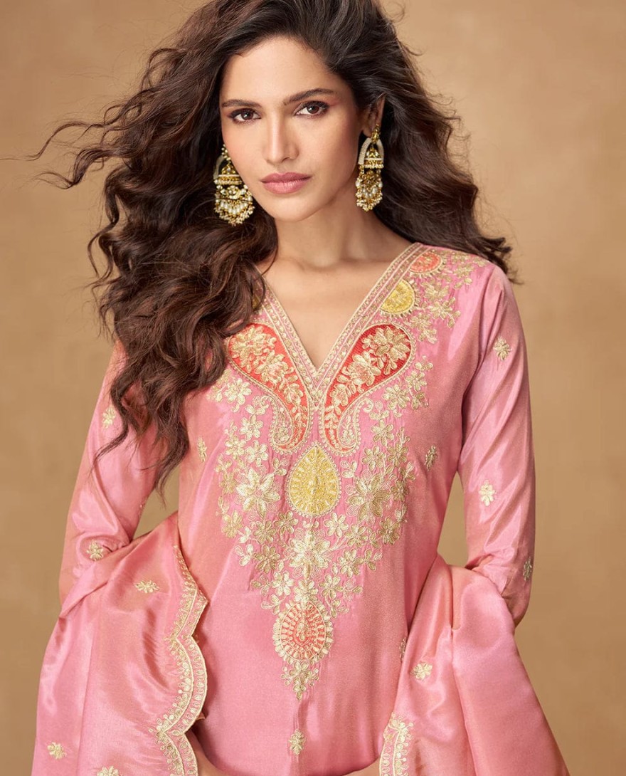 10306 - Blush Pink Simar Silk Palazzo Suit with Zari Embroidery For Pakistani Wedding and Indian Festival