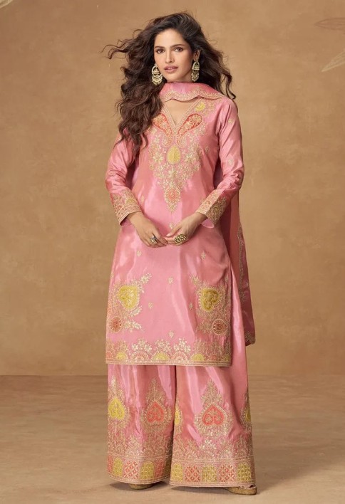 Blush Pink Simar Silk Palazzo Suit with Zari Embroidery For Pakistani Wedding and Indian Festival