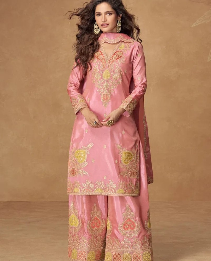 10306 - Blush Pink Simar Silk Palazzo Suit with Zari Embroidery For Pakistani Wedding and Indian Festival