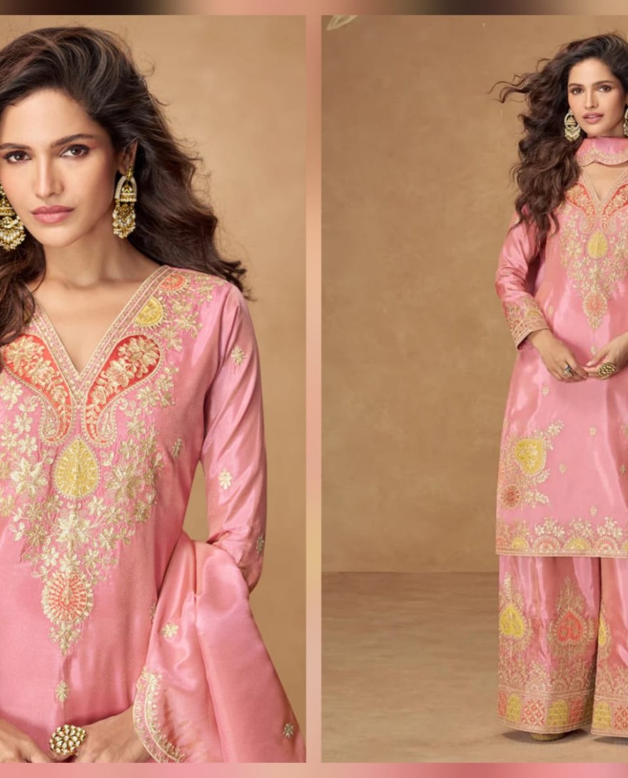 10306 - Blush Pink Simar Silk Palazzo Suit with Zari Embroidery For Pakistani Wedding and Indian Festival