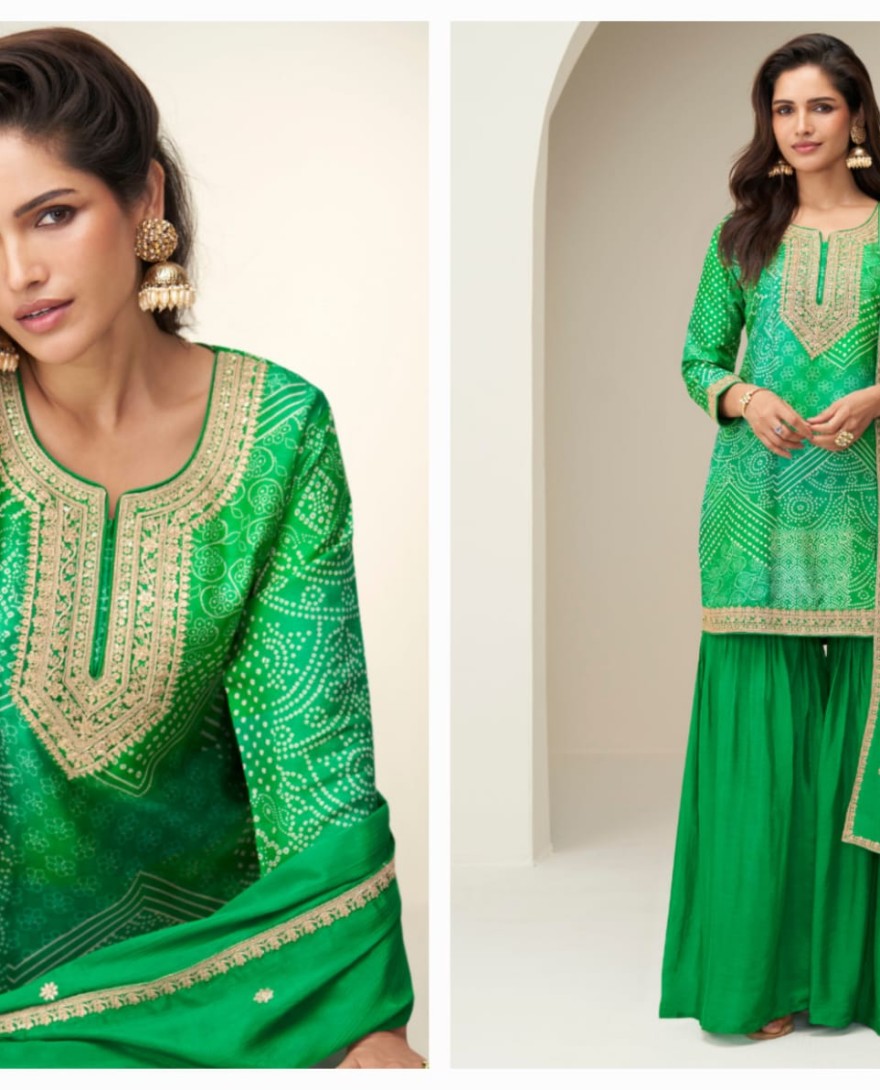 10413 - Designer Green Sharara Suit with Zari Embroidery with Dupatta for Indian Wedding and Pakistani Festival