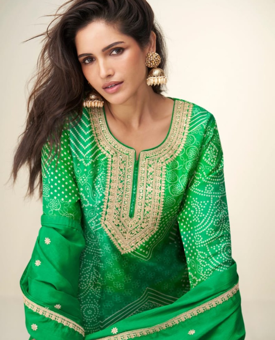 10413 - Designer Green Sharara Suit with Zari Embroidery with Dupatta for Indian Wedding and Pakistani Festival