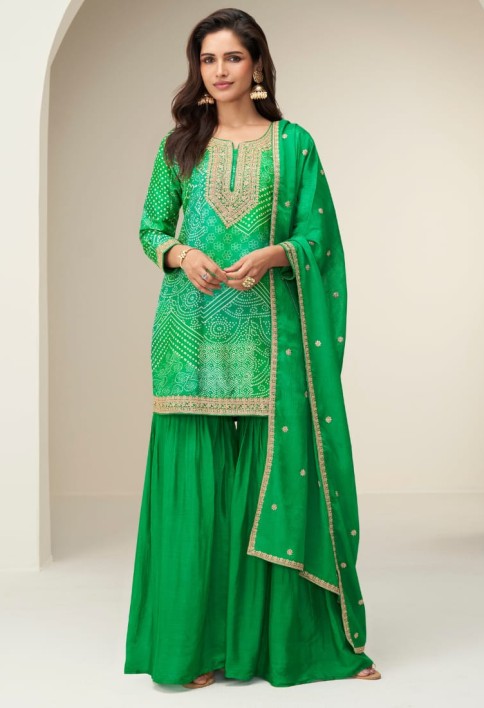 Designer Green Sharara Suit with Zari Embroidery with Dupatta for Indian Wedding and Pakistani Festival