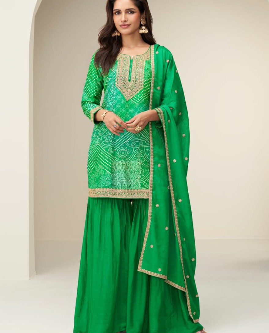 10413 - Designer Green Sharara Suit with Zari Embroidery with Dupatta for Indian Wedding and Pakistani Festival