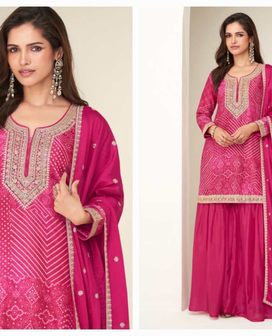 10415 - Designer Rani Pink Sharara Suit with Zari Embroidery with Dupatta for Indian Wedding and Pakistani Festival