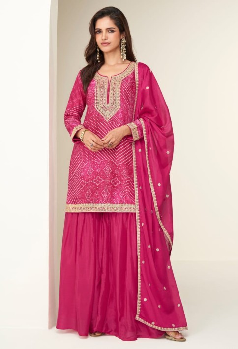Designer Rani Pink Sharara Suit with Zari Embroidery with Dupatta for Indian Wedding and Pakistani Festival
