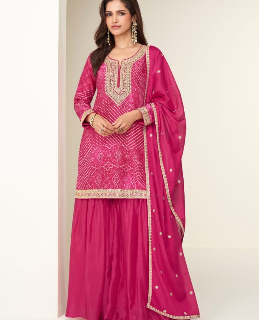 10415 - Designer Rani Pink Sharara Suit with Zari Embroidery with Dupatta for Indian Wedding and Pakistani Festival