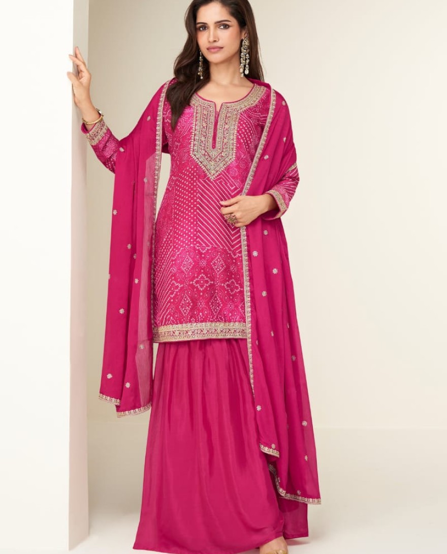 10415 - Designer Rani Pink Sharara Suit with Zari Embroidery with Dupatta for Indian Wedding and Pakistani Festival