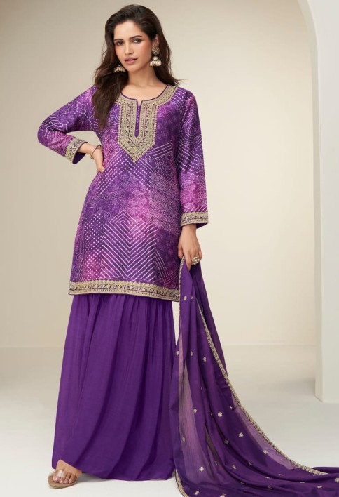 Designer Purple Sharara Suit with Zari Embroidery with Dupatta for Indian Wedding and Pakistani Festival