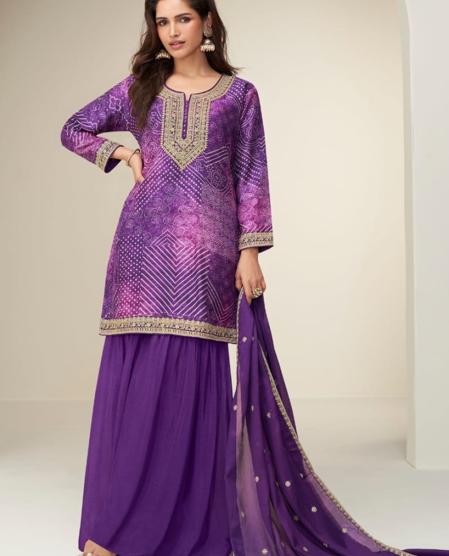 10414 - Designer Purple Sharara Suit with Zari Embroidery with Dupatta for Indian Wedding and Pakistani Festival