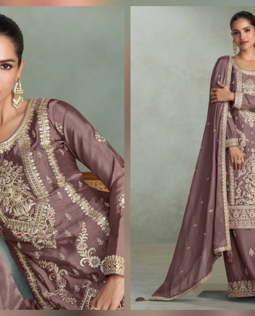 10239 - Dusty Grey Chinon Silk Embroidered Palazzo Suit For Indian Wedding and Pakistani Festival